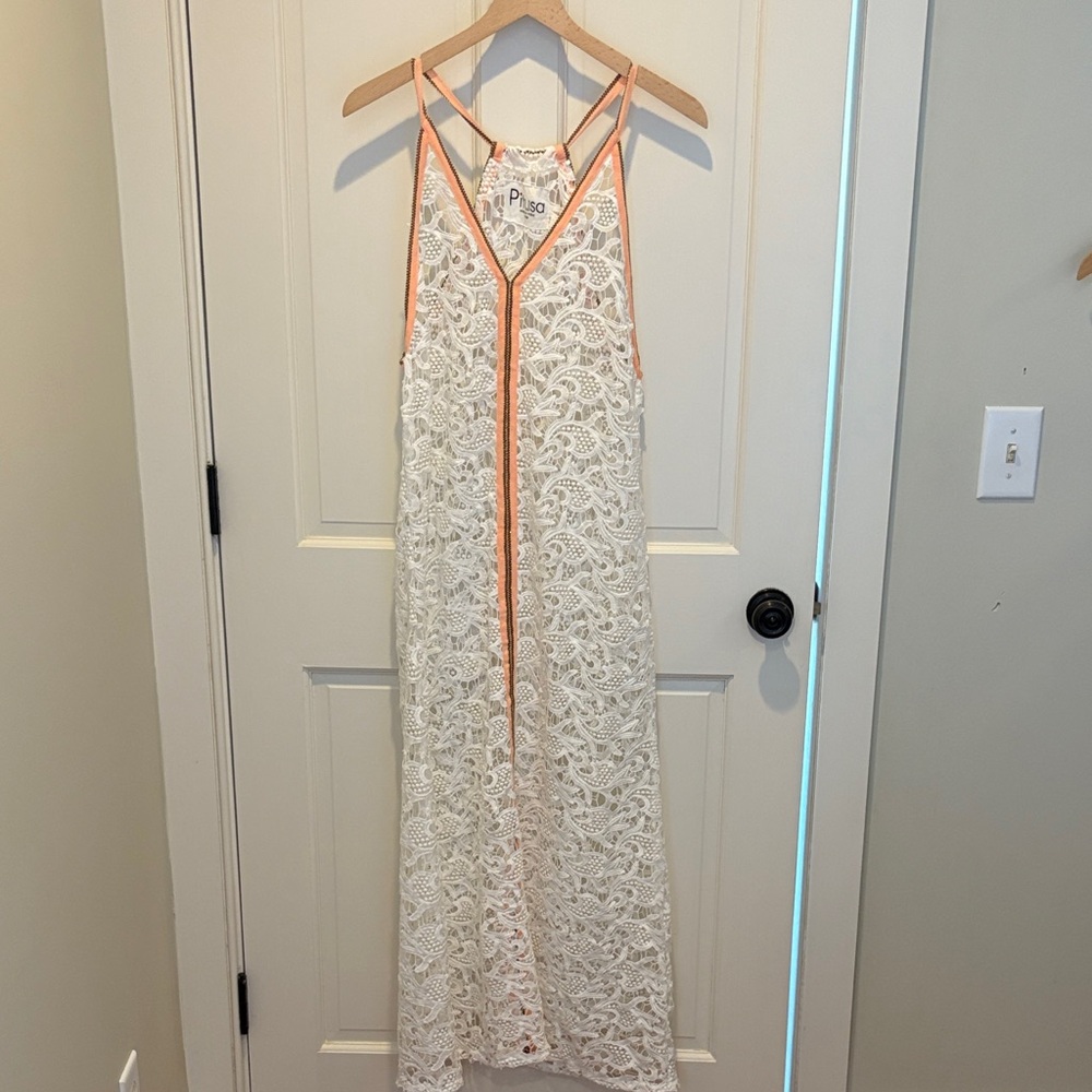 Pitusa White Lace Coverup with Peach Accents